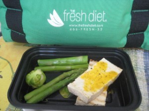 Grilled Tofu with Orange Tea Leaf Sauce with Steamed Asparagus and Lemon Parsley Roasted Brussels Sprouts